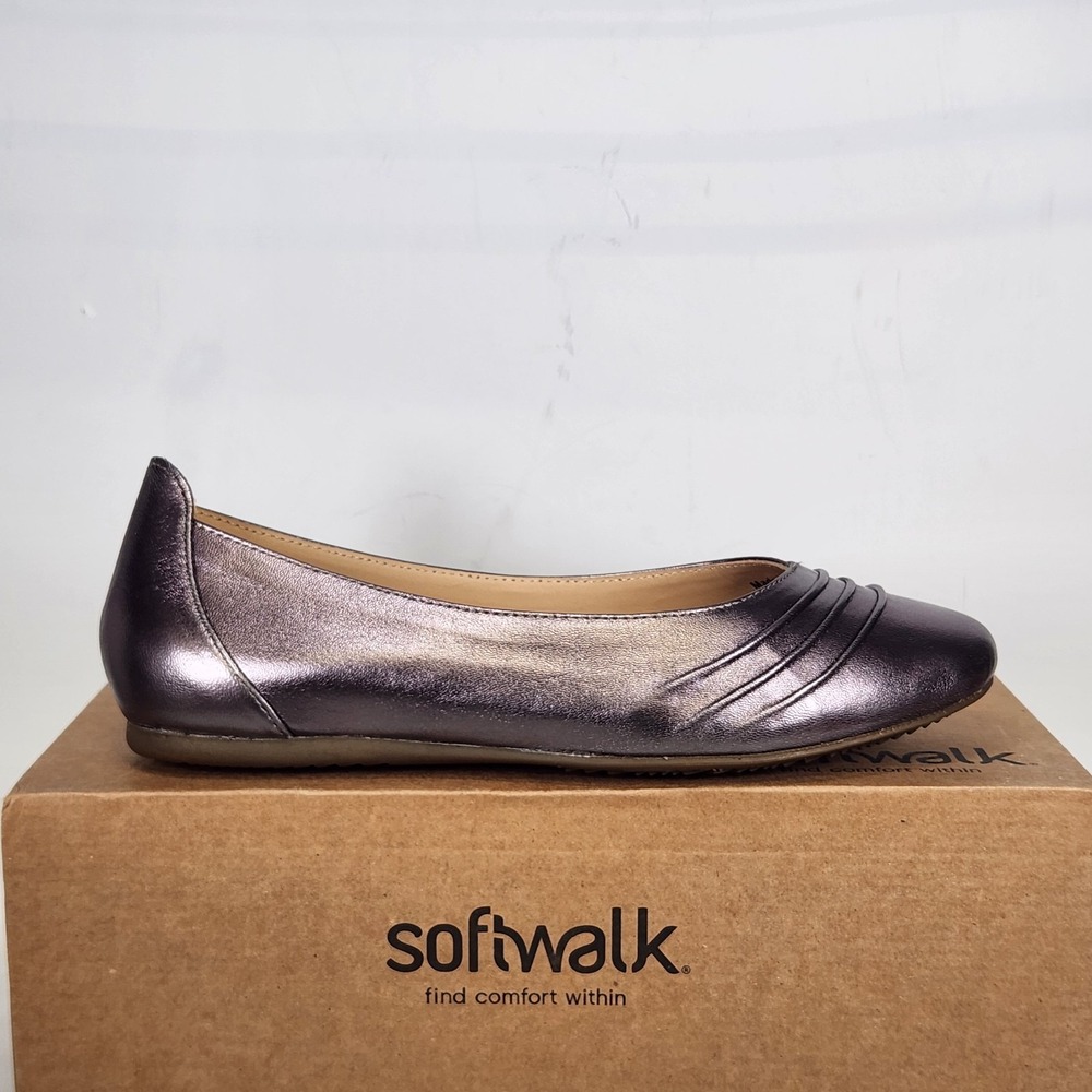 SoftWalk Safi Ballet Flat Women Size 8 Pewter Metallic Leather Pleated S2158-033